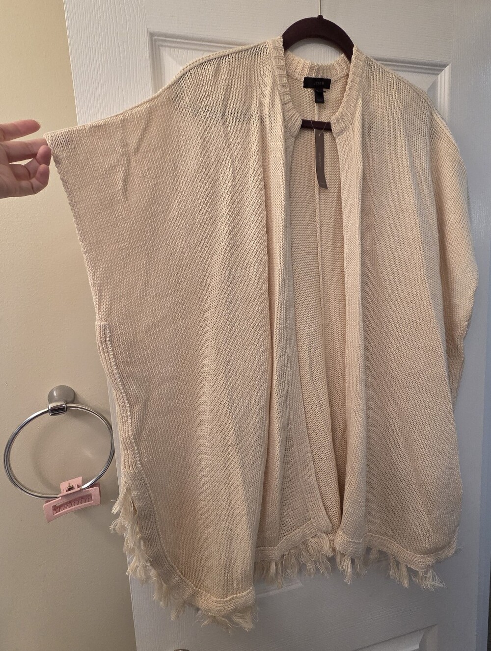 J. Crew Haven Linen Cream Beach Sweater Fringe Poncho Cardigan NWT S/M - Picture 3 of 8